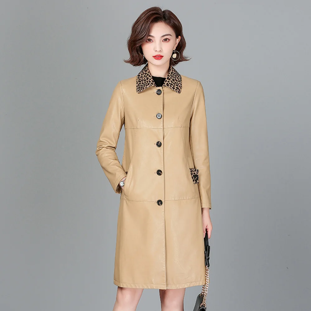 New Women Leather Coat Spring Autumn Fashion Leopard Collar Shirt Style Slim Sheepskin Coat Casual Long Outerwear Split Leather