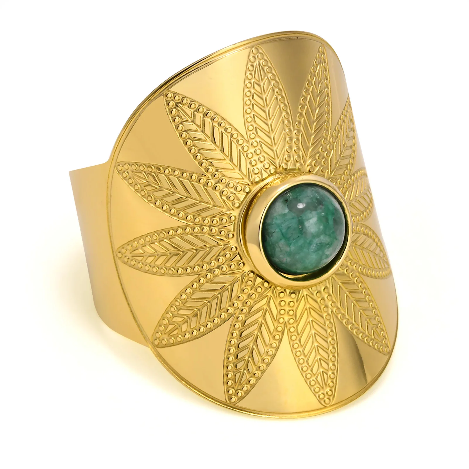 

Gold Tone Stainless Steel Flower Leaves Rings for Women,Retro Green Natural Stone Opening Resizable Ring Gifts to Her
