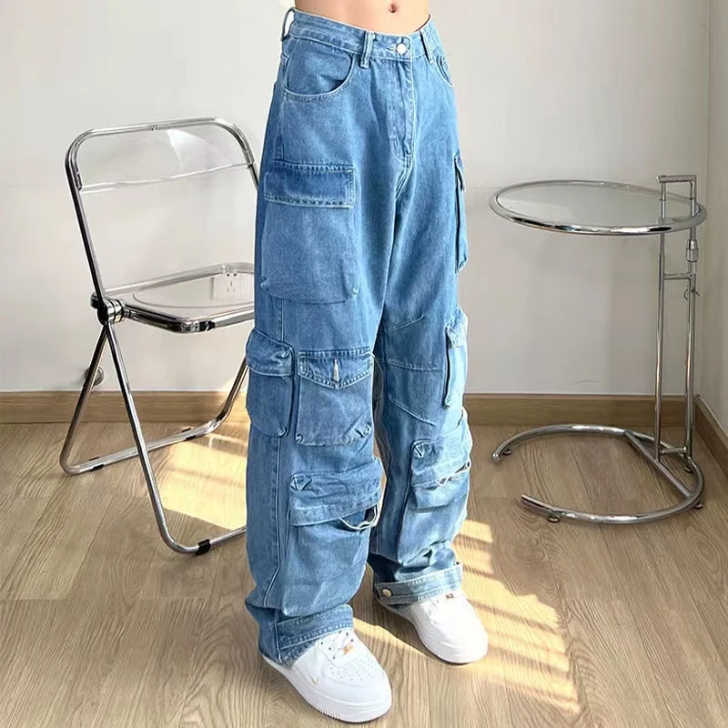 Antique Jeans Women's Y2K Street Hip-Hop Wide-Leg Straight Overalls Couples Multi-Pocket Casual Slacks Unisex Trend Joker Jeans