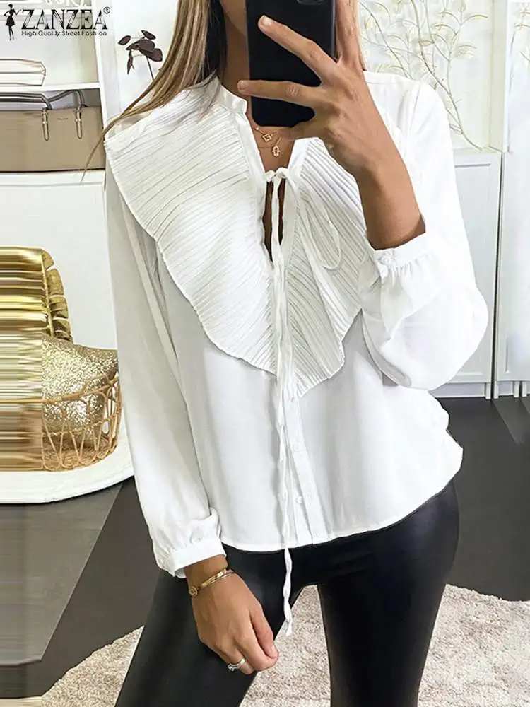 

Весна-Осень 2023, Повседневная однотонная Свободная блузка большого размера, офисные женские Топы с длинным рукавом, модная женская блузка ZANZEA с оборками на завязках