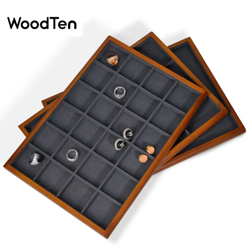 WoodTen Wooden Grey Ring Earrings Bracelet Pendant Necklace Tray Jewelry Tray Jewelry Display Storage Organizer 35*25*2 CM