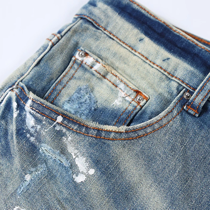 High Street Fashion Men Jeans Retro Blue Elastic Stretch Skinny Fit Ripped Jeans Men Painted Designer Hip Hop Brand Pants Hombre