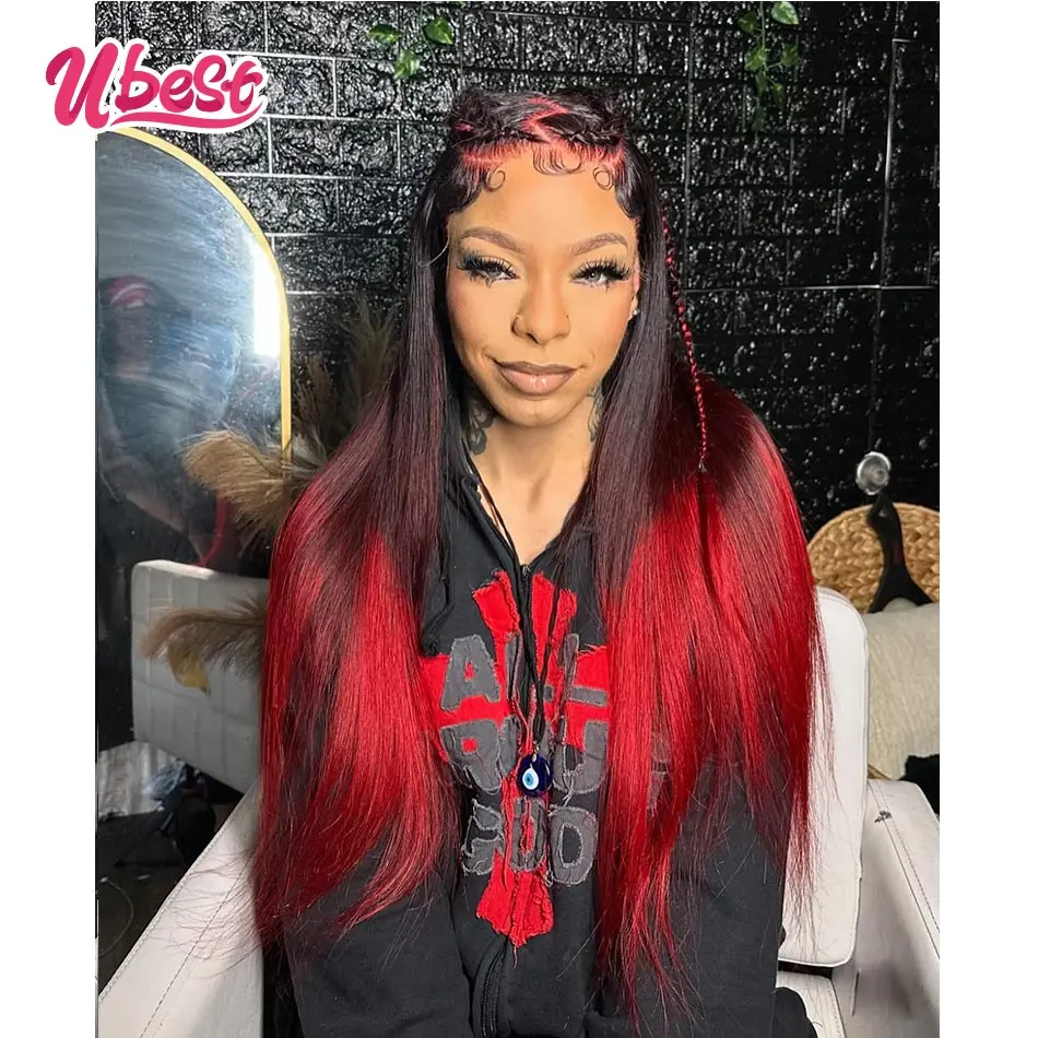 13X6 13X4 Прозрачный парик спереди прямой из 100% человеческих волос Ombre 1b красный цвет