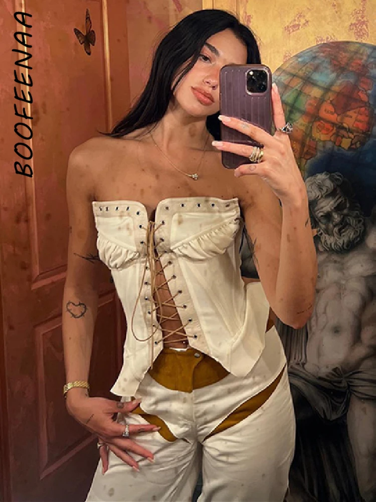 

BOOFEENAA Sexy Bandage Busiter Corset Tube Top Y2k Streetwear Women Fashion Lace Up Crop Tops Rave Festival Club Wear C85-EZ12