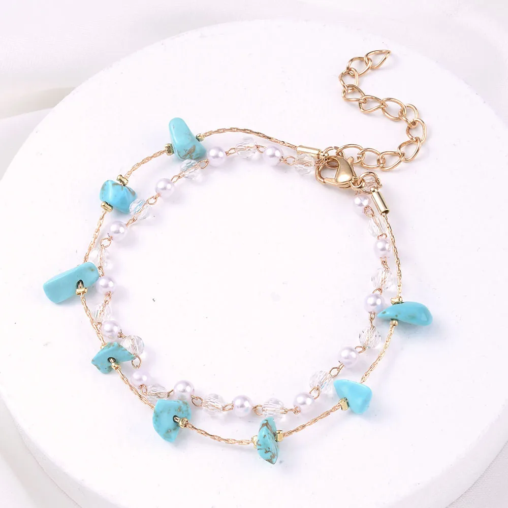 Женский минималистичный браслет с двойной цепочкой бирюзовый жемчужными