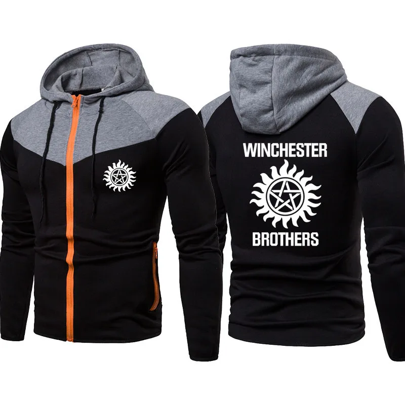 

New Men's Spring Autumn winchster Logo print Stitching color cotton Harajuku Men's clothing Fashion casual hoodie
