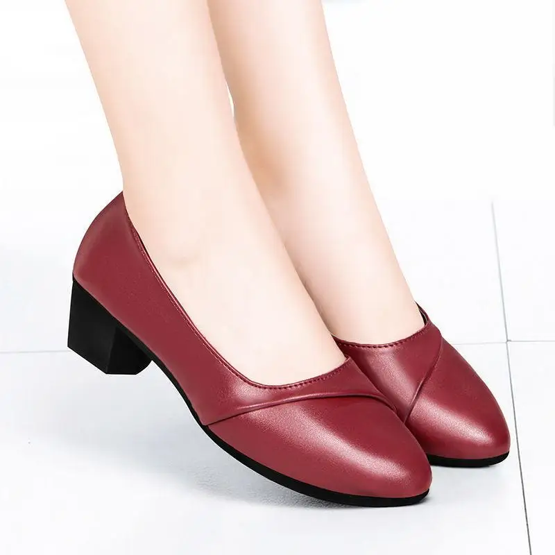 

Women Mid Heel Shoes Office Lady Pumps PU Leather Black Basic Square Heeled Spring Autumn Loafers Female Zapatos Mujer