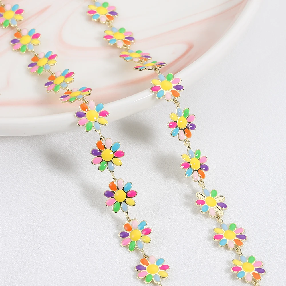 

1Meter 16K Gold Plated Daisy Flower Chain Enamel Beaded Chains for Jewelry Making DIY Necklace Bracelet Choker Accessories