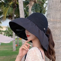 women solid color big brim bucket hat summer uv protection empty top ponytail hat foldable casual vinyl sunscreen fishermen cap