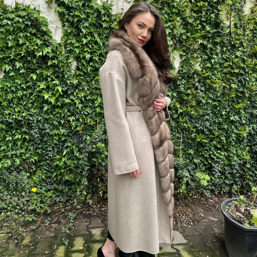 Женское зимнее шерстяное пальто с мехом из натурального Лисьего меха длинный