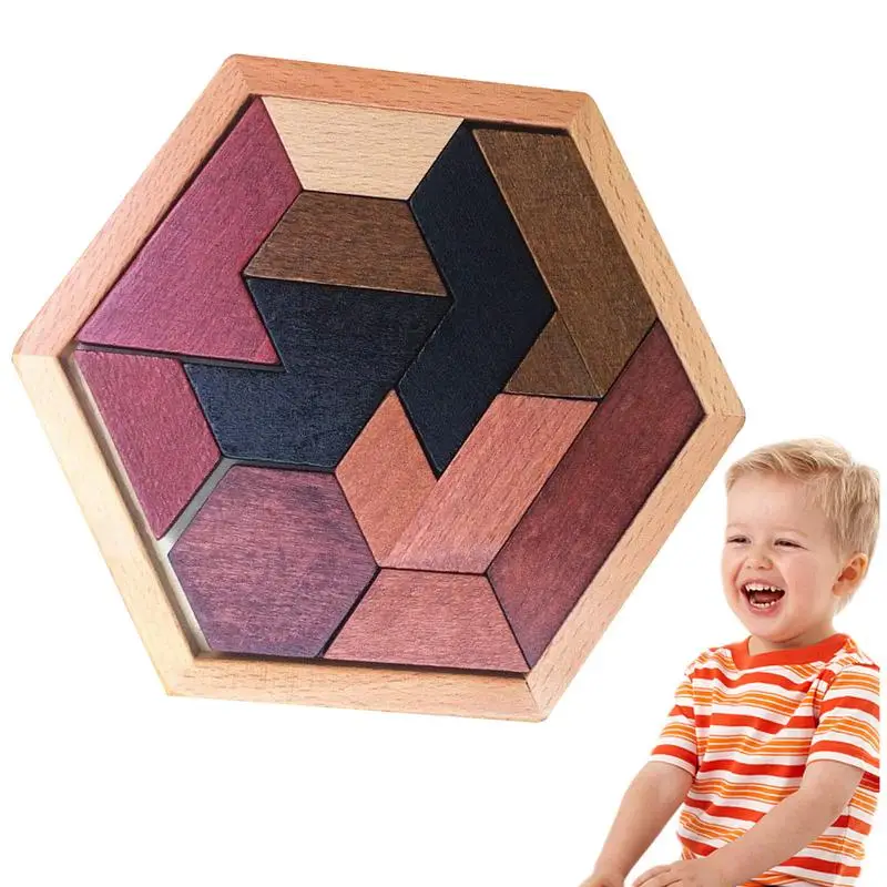 

Hexagon Tangram Puzzle Geometry Shape Pattern Blocks Brain Teaser Puzzle Game Wooden Tangrams Toys Montessori Educational Gift