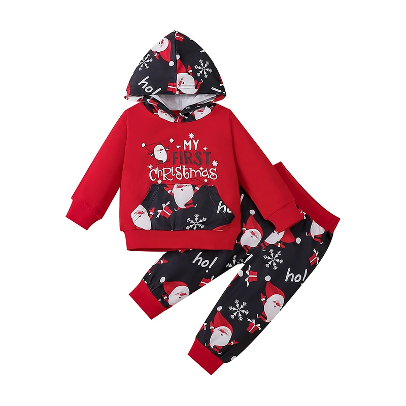 

Комплект для мальчиков из 2 предметов, топ с капюшоном и длинными рукавами, с мультяшным рисунком, с карманом и длинные штаны, Красная рождес...