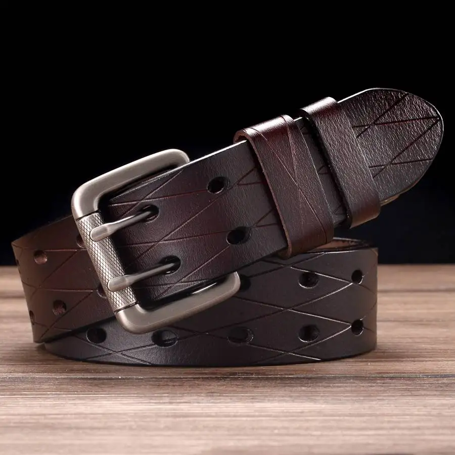 Men's Leather Double Prong Belt Classic Double Row Hole Belt Universal Hollowed Out Belt Jeans Men Waistband NEW Belts for Men