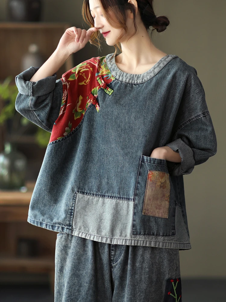 Max LuLu 2022 Fashion Style Clothes Women Vintage Patchwork Blouses Ladies Loose Denim Shirt Female Printed Casual Tops Big Size