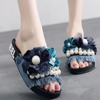 summer new denim fringed slippers womens thick bottom pure handmade pearl flowers fashion sweet all match womens shoes sandals