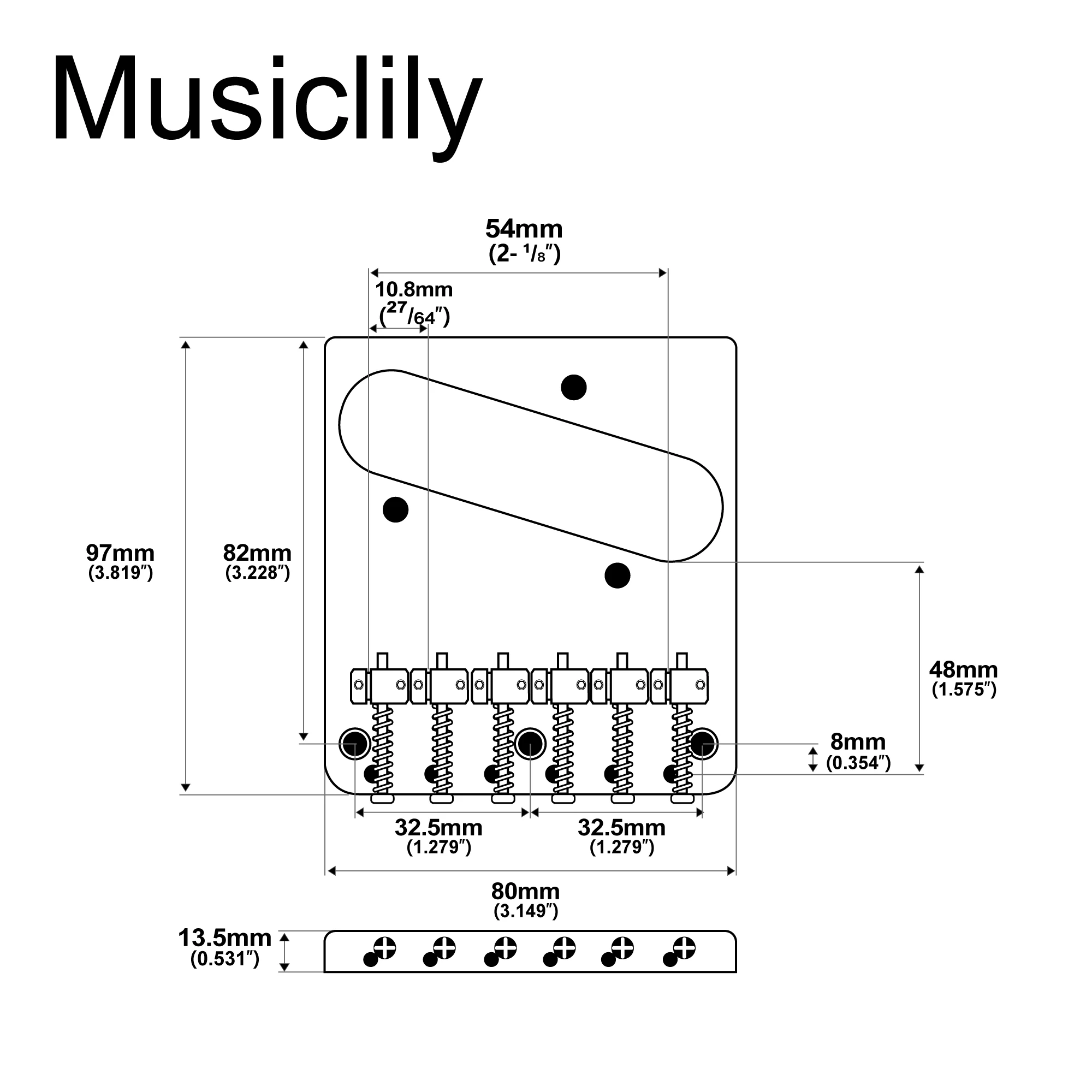 Фото Базовый винтажный 6-струнный мост Musiclily 54 мм (2-1/8 дюйма) с 6 сиденьями для гитары в стиле теле, хром №2