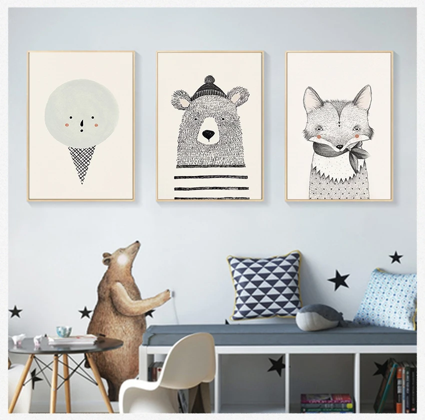 

Настенная картина, печать, украшение детской комнаты, скандинавский искусство, медведь, лиса, холст, живопись, мультяшное животное