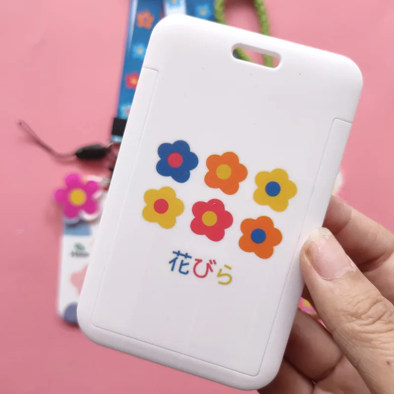 

Cute Flowers Women ID Credit Card Holder Students Bus Card Case Lanyard Girl Cartoon Identity Badge Cards Cover Wallet