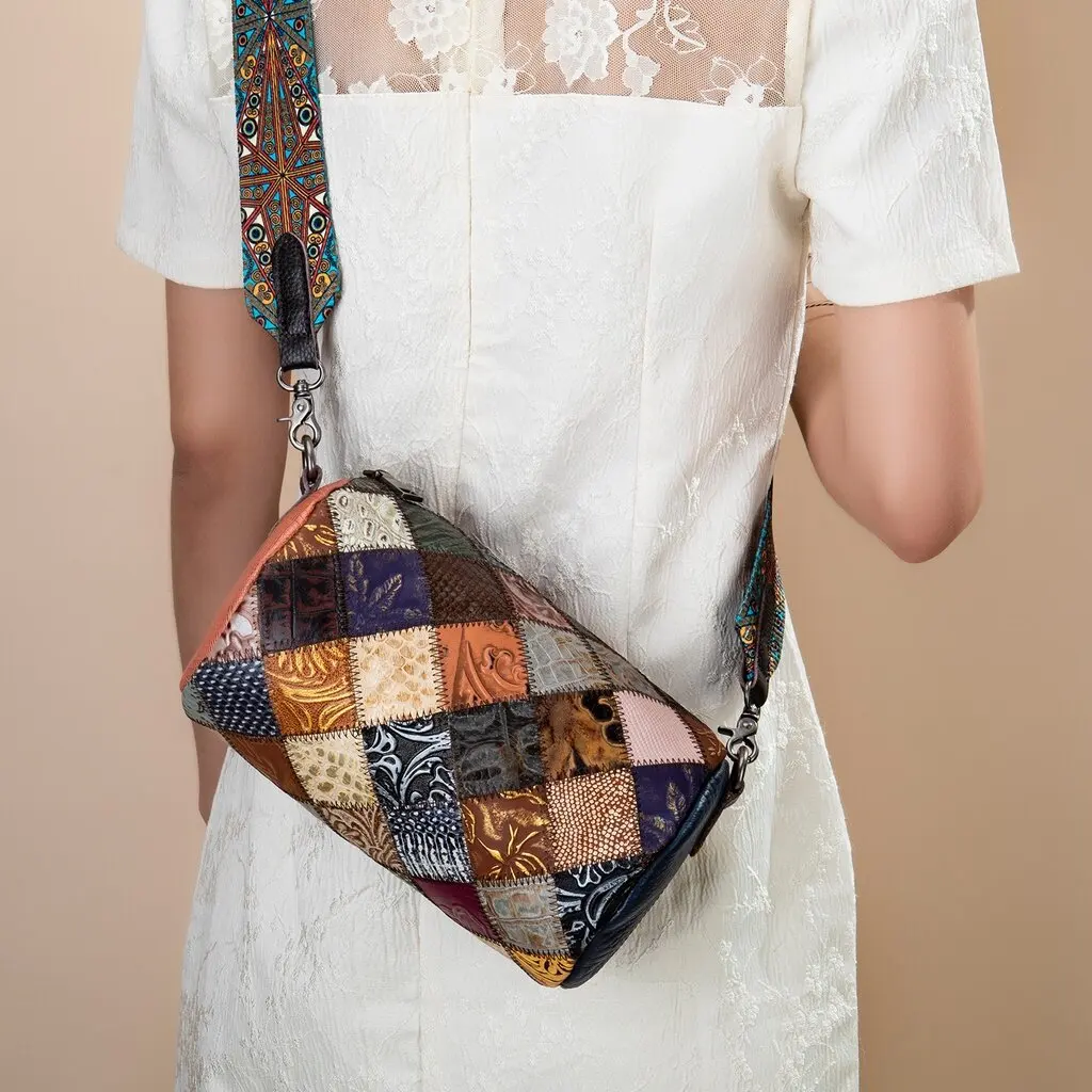 Ethnic style women bag individual stitching leather shoulder bag fashionable leather top layer colorful cylindrical women diagon