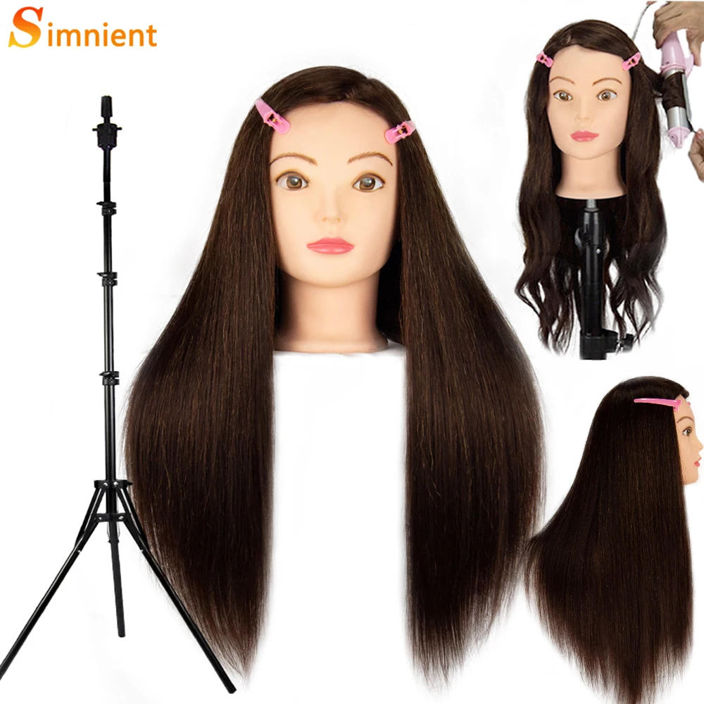 Long Hair Mannequin Head With 80%Real Hair Hairdresser Practice Training Head Cosmetology Manikin Doll Head And Wig Stand Tripod