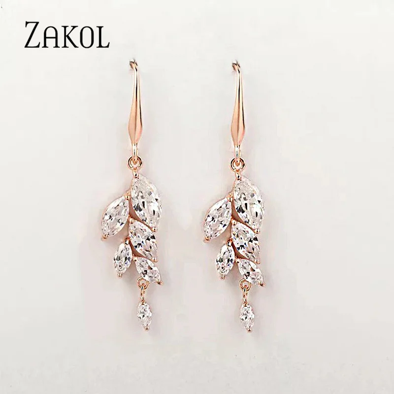 

ZAKOL Simple Leaf Bridal Drop Earrings for Women Bijoux Anti-allergic Micro Inlay Cubic Zirconia Hook Earring Party Jewelry