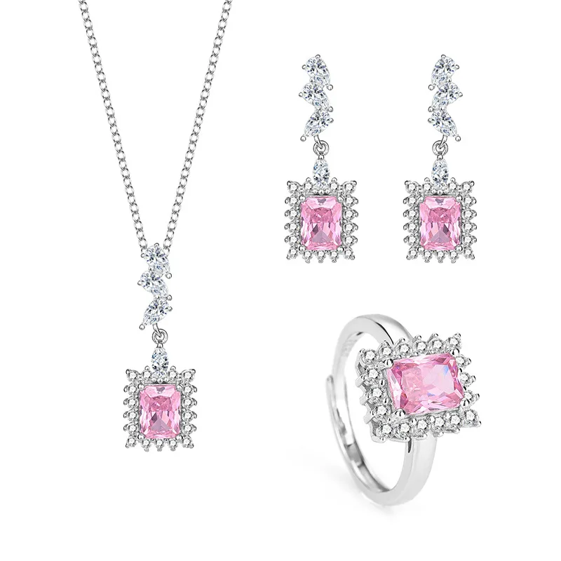 

Pink Gemstone Wedding Jewelry Set for Women Luxury S925 Sterling Silver Pendant Necklace Ring Drop Earrings Set Gift for Girl