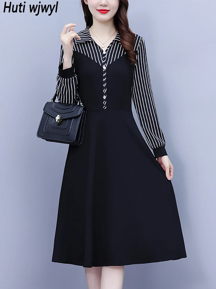 

Black Patchwork Striped Polo Collar Midi Vestidos Autumn Winter Elegant Office Lady Long Dress 2023 Vintage Bodycon Prom Clothes