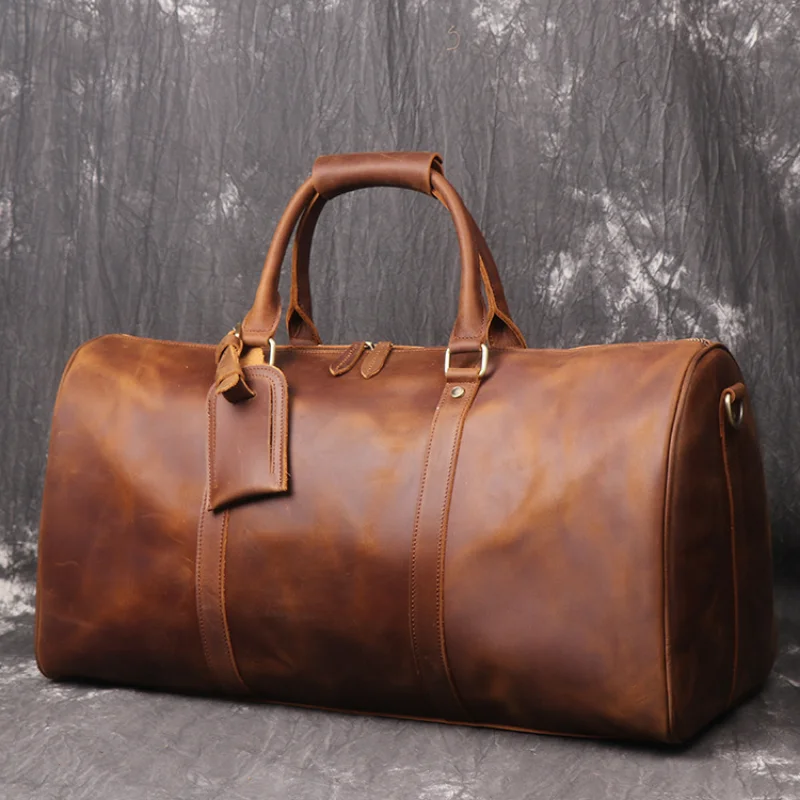 

Men's leather travel bag Crazy horseskin one-shoulder diagonal bag Large capacity luggage bag Portable fitness bag