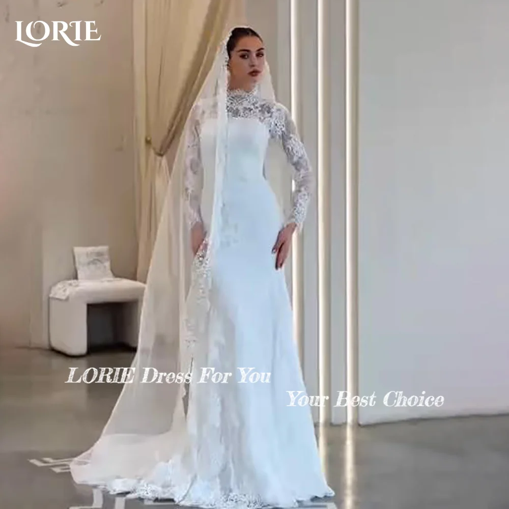 Фото Винтажное кружевное свадебное платье LORIE, А-силуэт, с аппликациями, высоким воротником, цветами, элегантное свадебное платье принцессы с аппликациями, на заказ №2