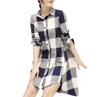 spring new women long plaid blouse shirt casual korean style cotton long sleeve black blue red female turn down collar tops 2022