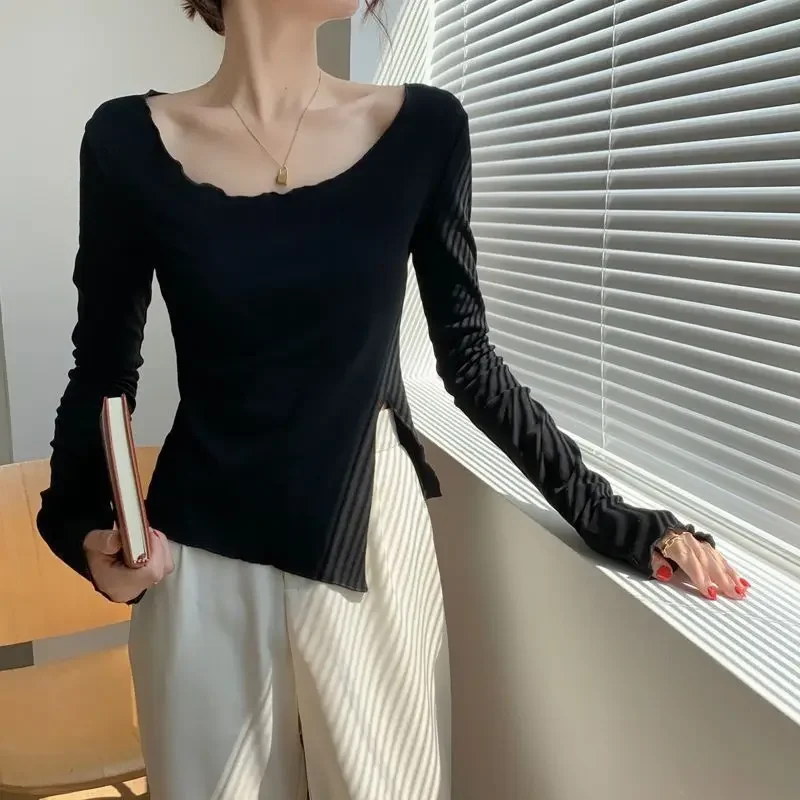 Футболки женские сексуальные тонкие минималистичные с чистым боковым разрезом