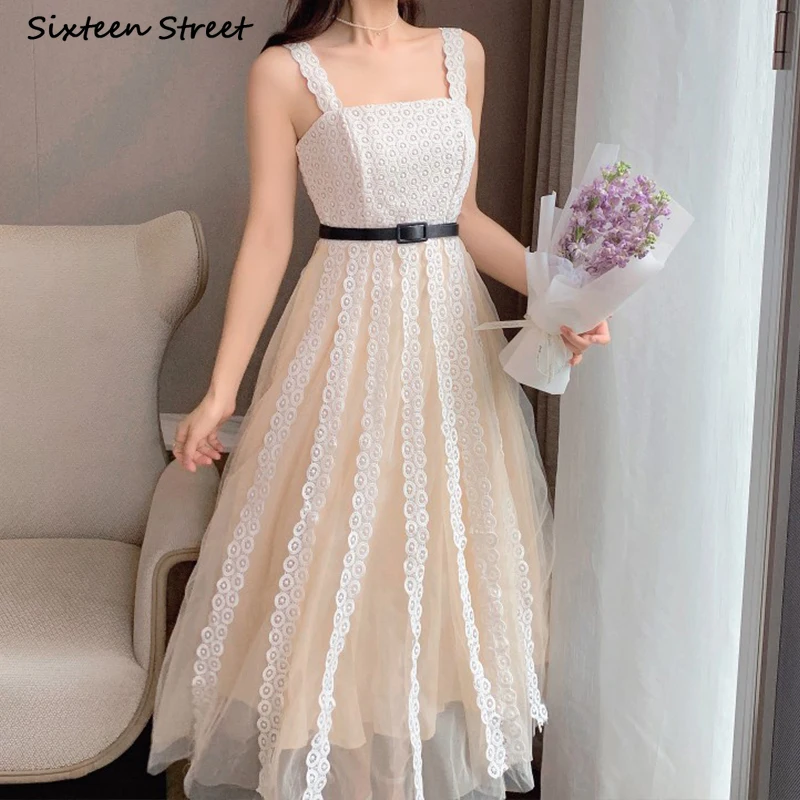 

Apricot Lace Dresses for Women 2023 Summer Sleeveless Elegance Bodycon Dress High Waisted Chic Patchwork Vintage Vestido