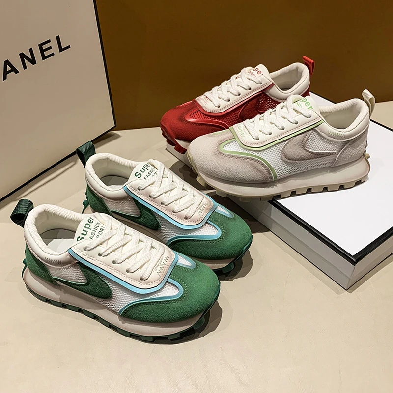 2023 Spring New Women's Breathable Casual Shoes Lace up Outdoor Sports Shoes Color Matching Women's Leather Vulcanized Shoes