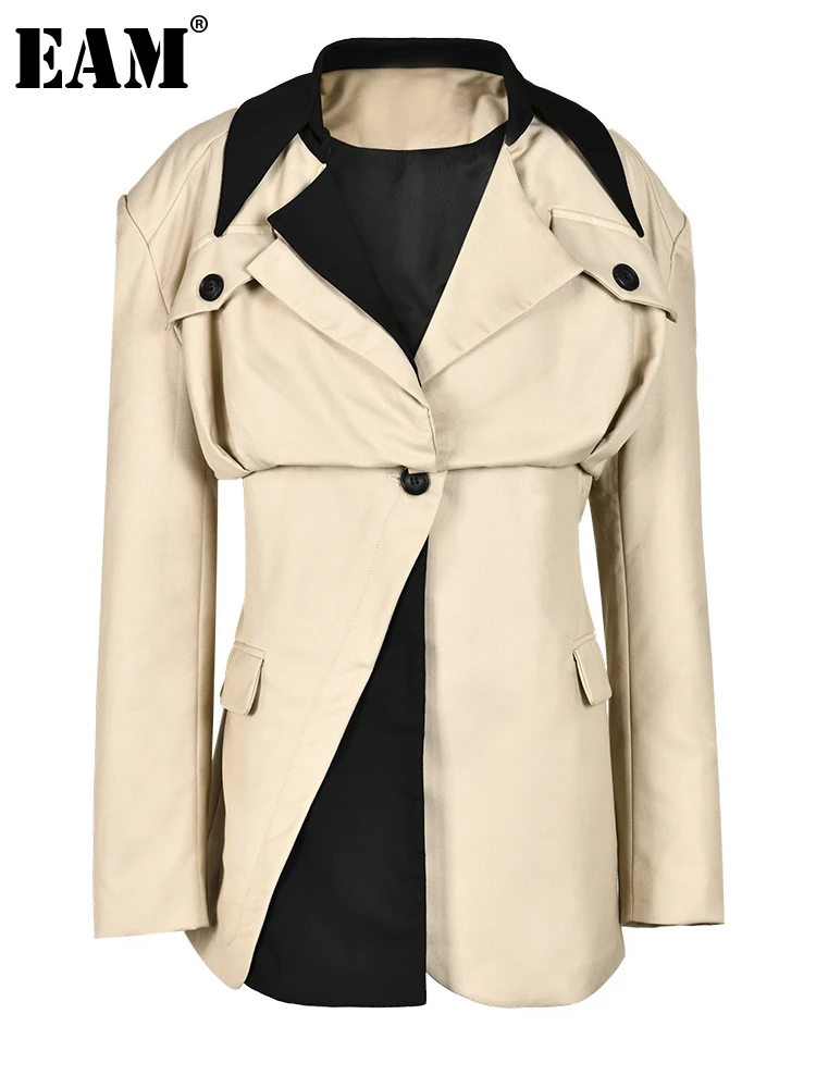 

[EAM] Loose Fit Khaki Two Ways Wear Irregular Jacket New Lapel Long Sleeve Women Coat Fashion Tide Spring Autumn 2023 1DE708104
