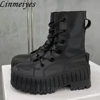 Thick Sole Motorcycle Boots Women Black Beige Lace Up Military Boots Platform Shoes Women Height Increasing Short Boots Female