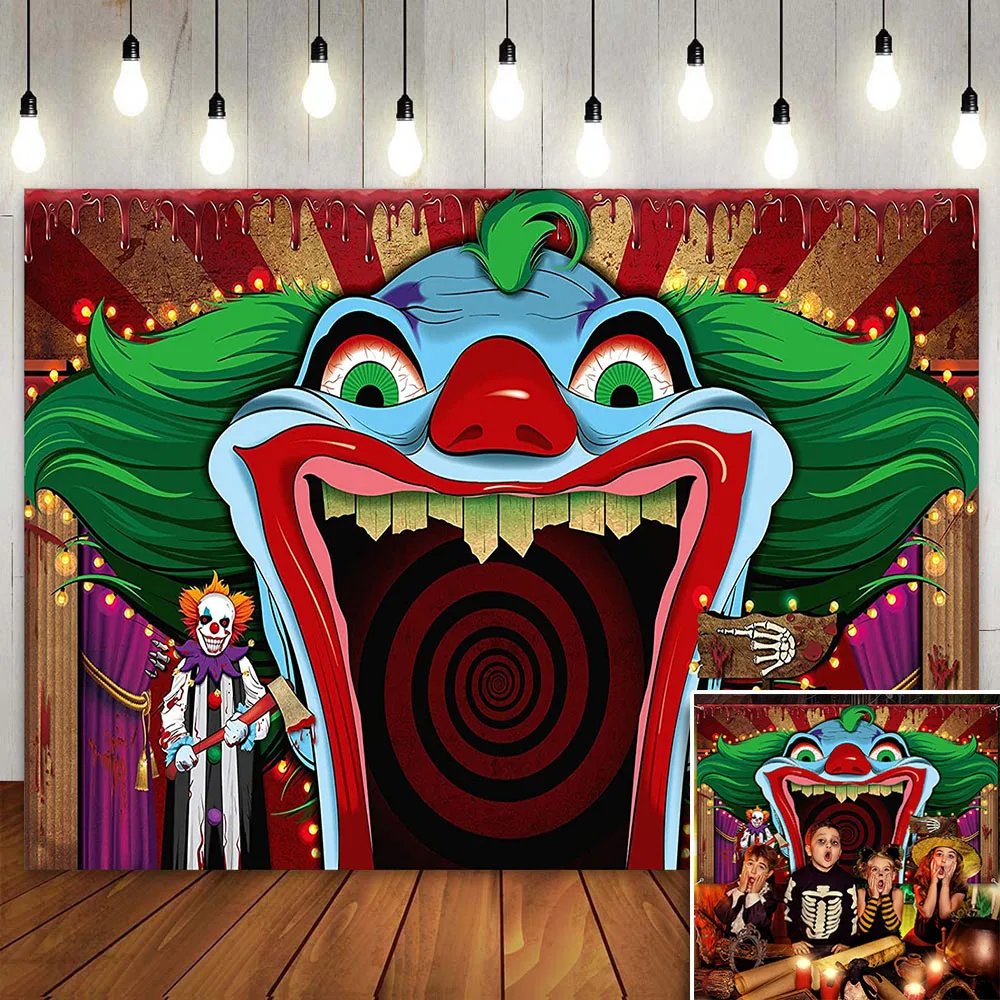 

Halloween Circus Clown Photo Backdrop Party Banner Wall Poster Decor Scary Evil Creepy Vampire Horror Background for Photography