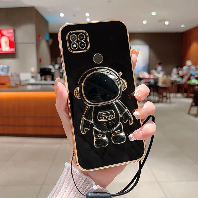 

Astronaut Fold Stand For Xiaomi Redmi 9C Phone Case With Lanyard Luxury Plating Cover