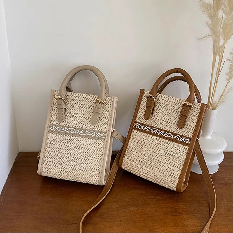 2023 Summer New Straw Shoulder Bag Fashion Small Square Top-handle Bag Designer Crossbody Bags for Women Casual Beach Handbags