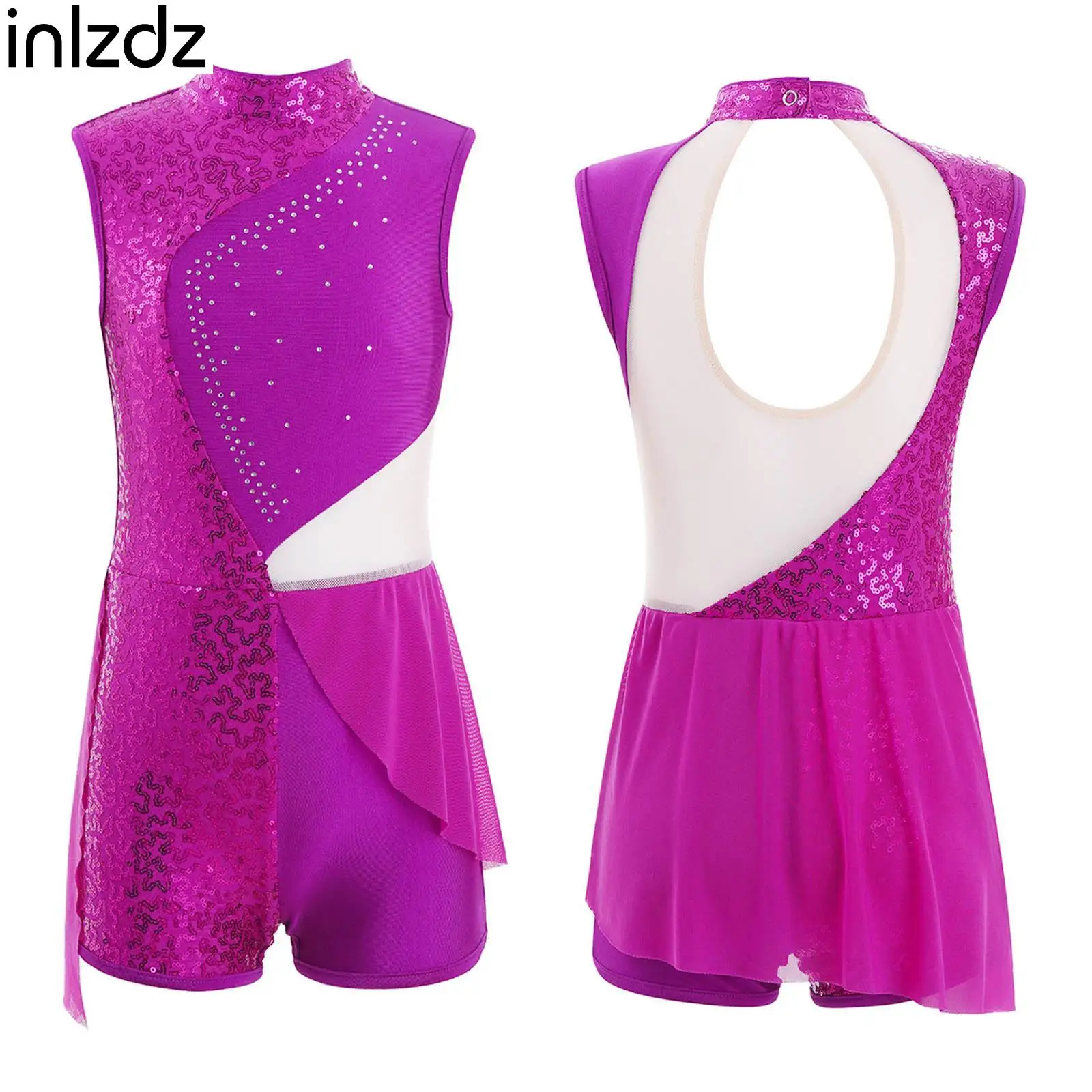 

inIzdz Kids Girls Hot Patchwork Style Sleeveless Mesh 1Pcs Dance Leotard O-neck with Sequins Decor Hollow Back Jazz Dance Wears
