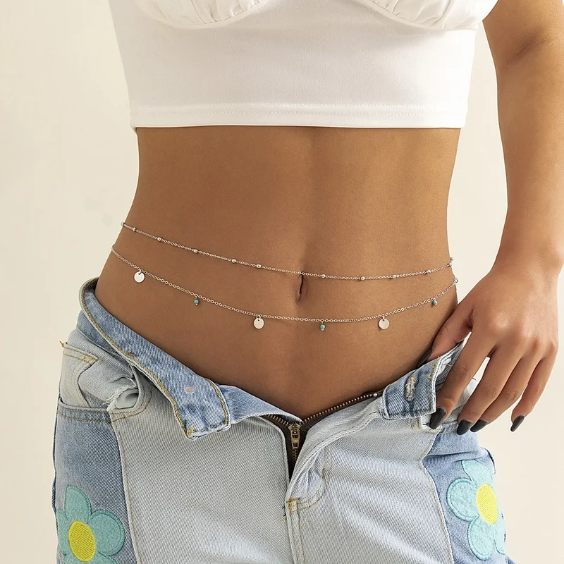 Hip Hop Gold Silver Belly Chain Summer Vacation Fashion Ethnic Turquoise Pendant Vintage Body Waist Jewelry for Women Bijoux
