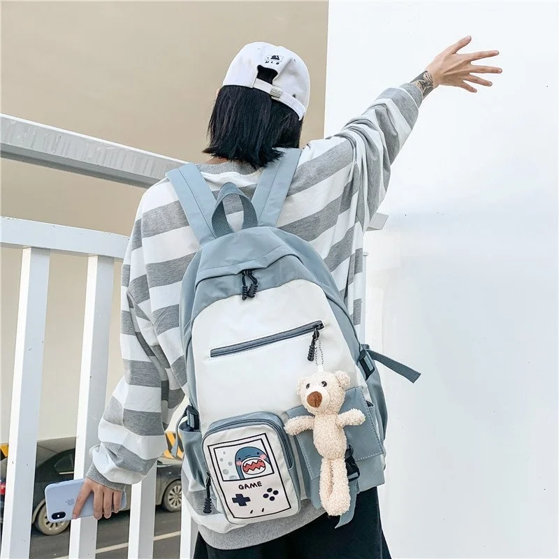 

Women Cute Backpack Multi-pocket Waterproof School Bags Female Contrast Color Insert Buckle Girl's Schoolbag Cartoon Bagpack