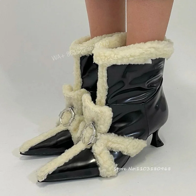 

Элегантные ботинки с острым носком на каблуке с котятами, новые женские бархатные ботинки без шнуровки до середины икры, зимняя теплая женская кожаная обувь на низком каблуке с плюшевой подкладкой