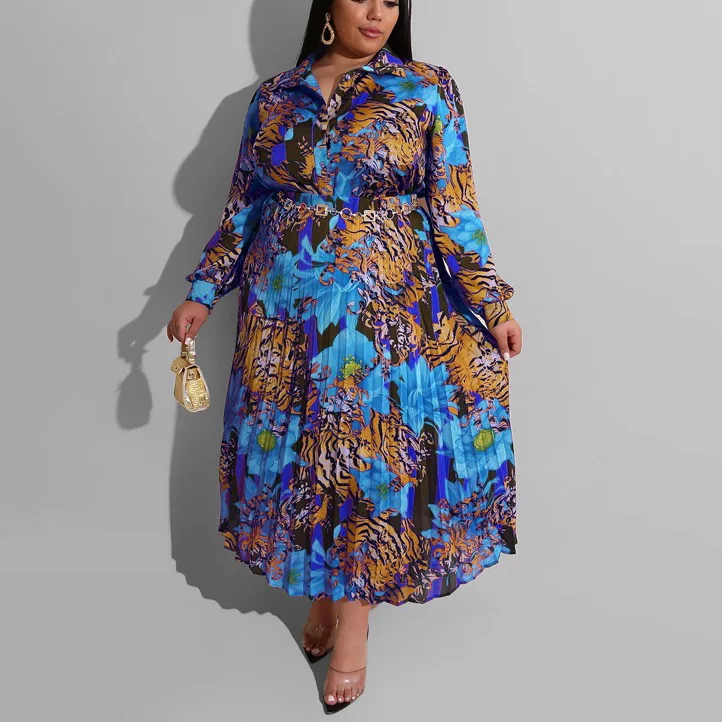 Plus Size Dresses for Women Mid Calf Pleated Printed Full Sleeve Autumn Fall New Evening Party Birthday Vestidos Mujer Dress Big