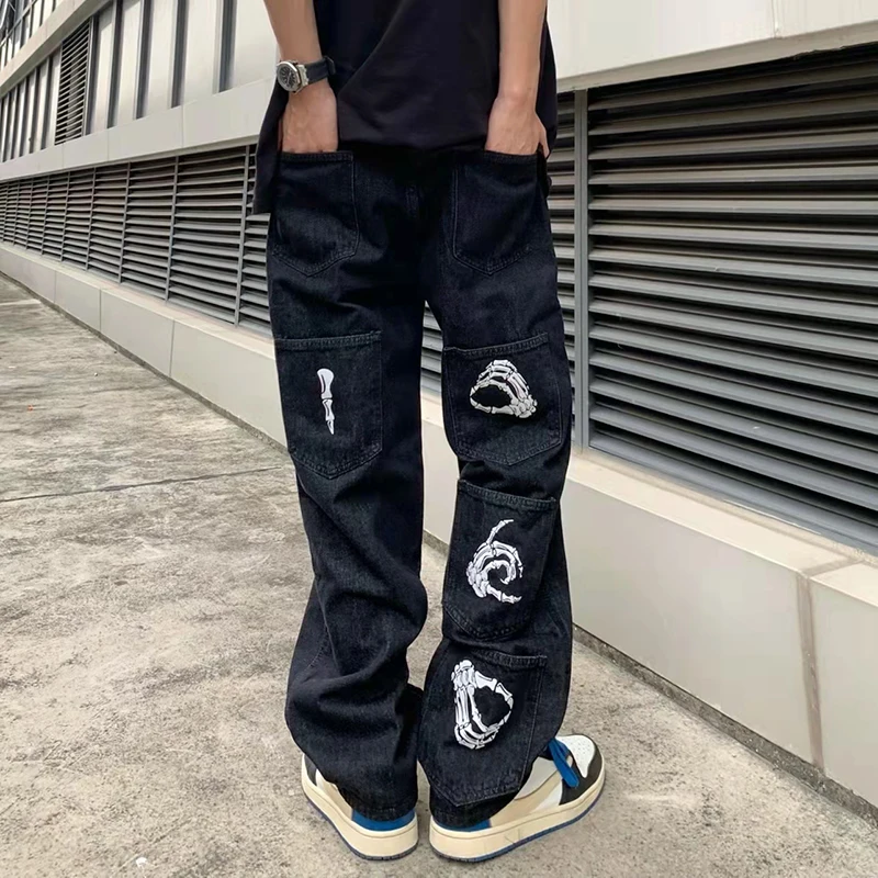 Black Jeans Men Slim Wide Leg Yk2 Streetwear Straight Grunge Clothes Skeleton Hand Pants Women Oversized Harajuku Low Rise 3XL
