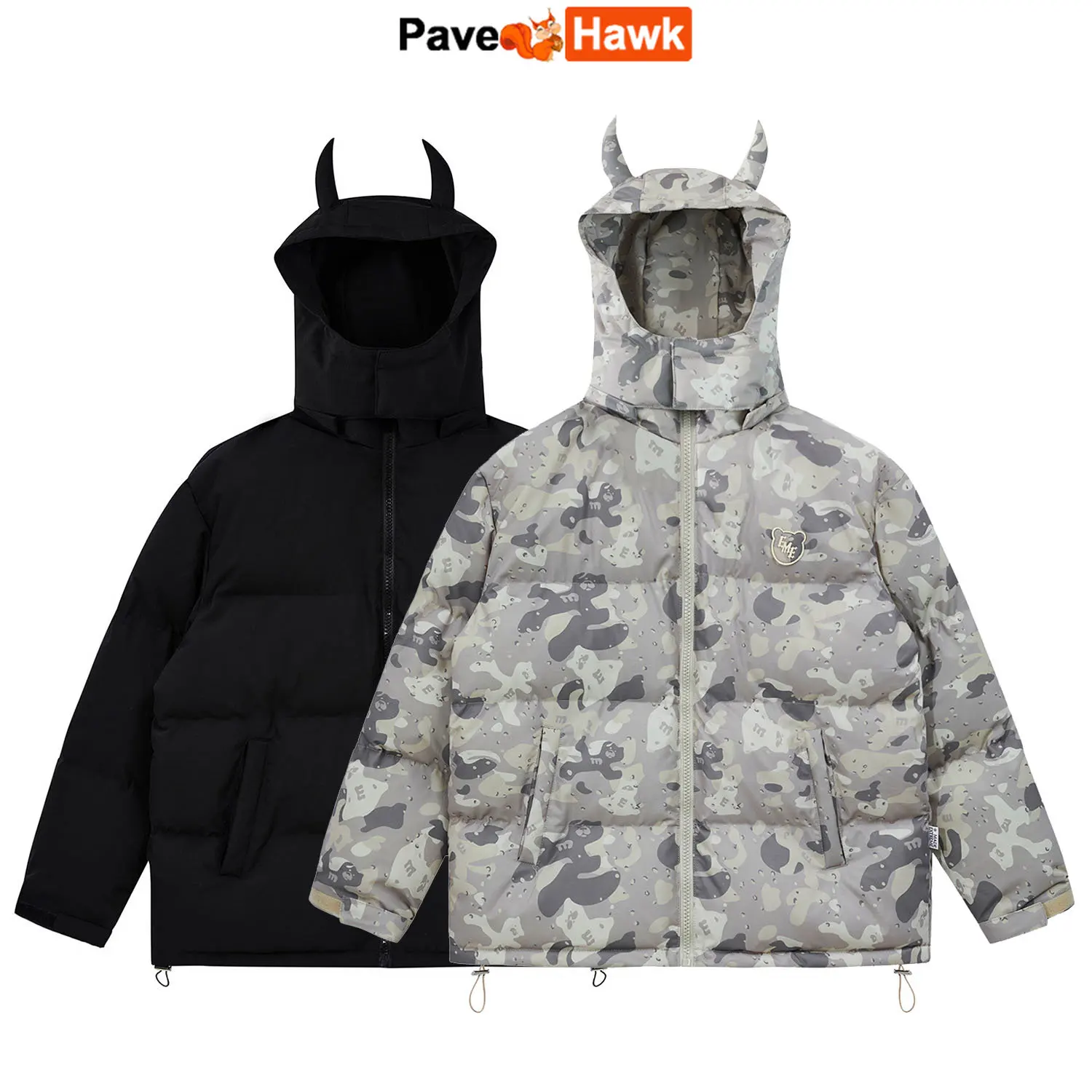 

Hip Hop Hooded Parkas Men High Street Camo Devil Horns Devise Padded Jackets Women Winter Thicken Warm Parka Bubble Puffer Coats