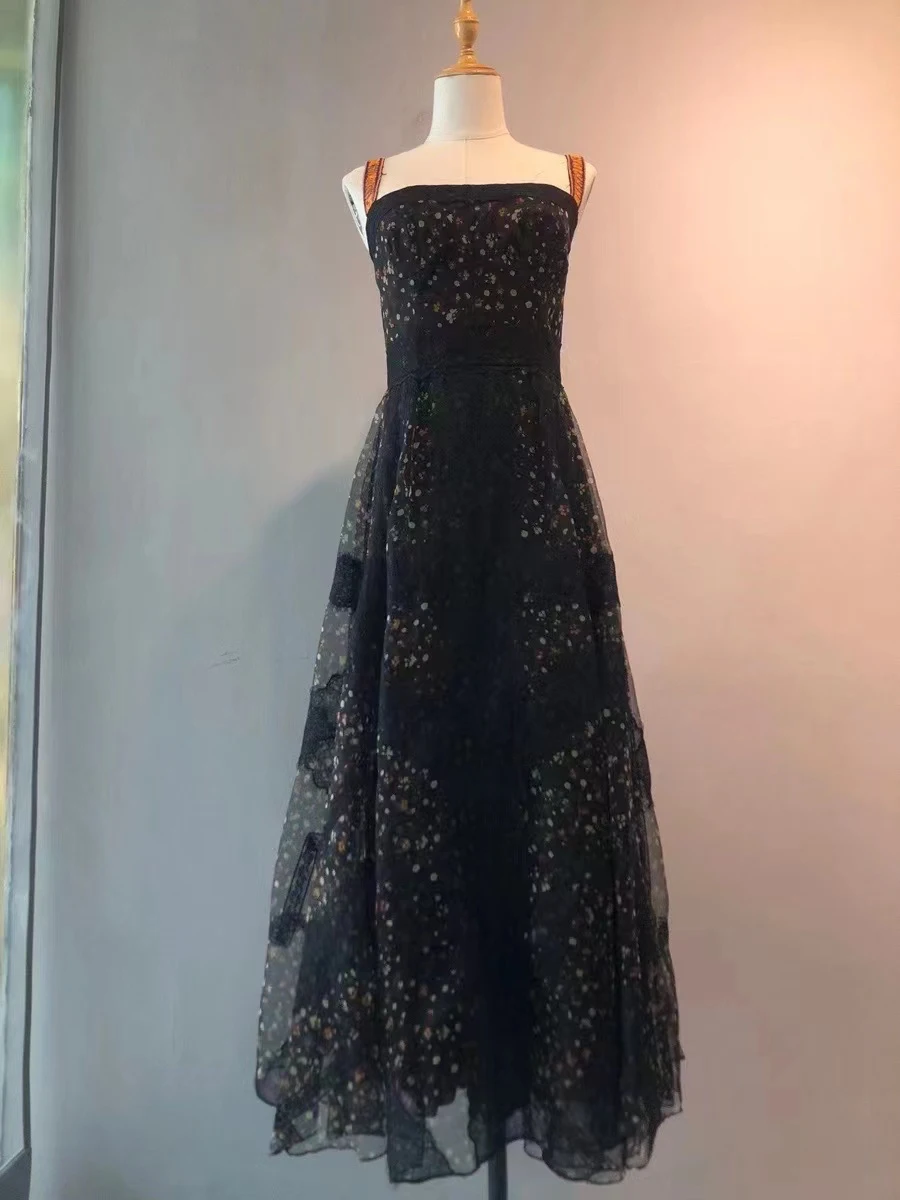 

Женское кружевное платье на молнии, черное платье-майка до середины икры с цветочным принтом, весна 2022