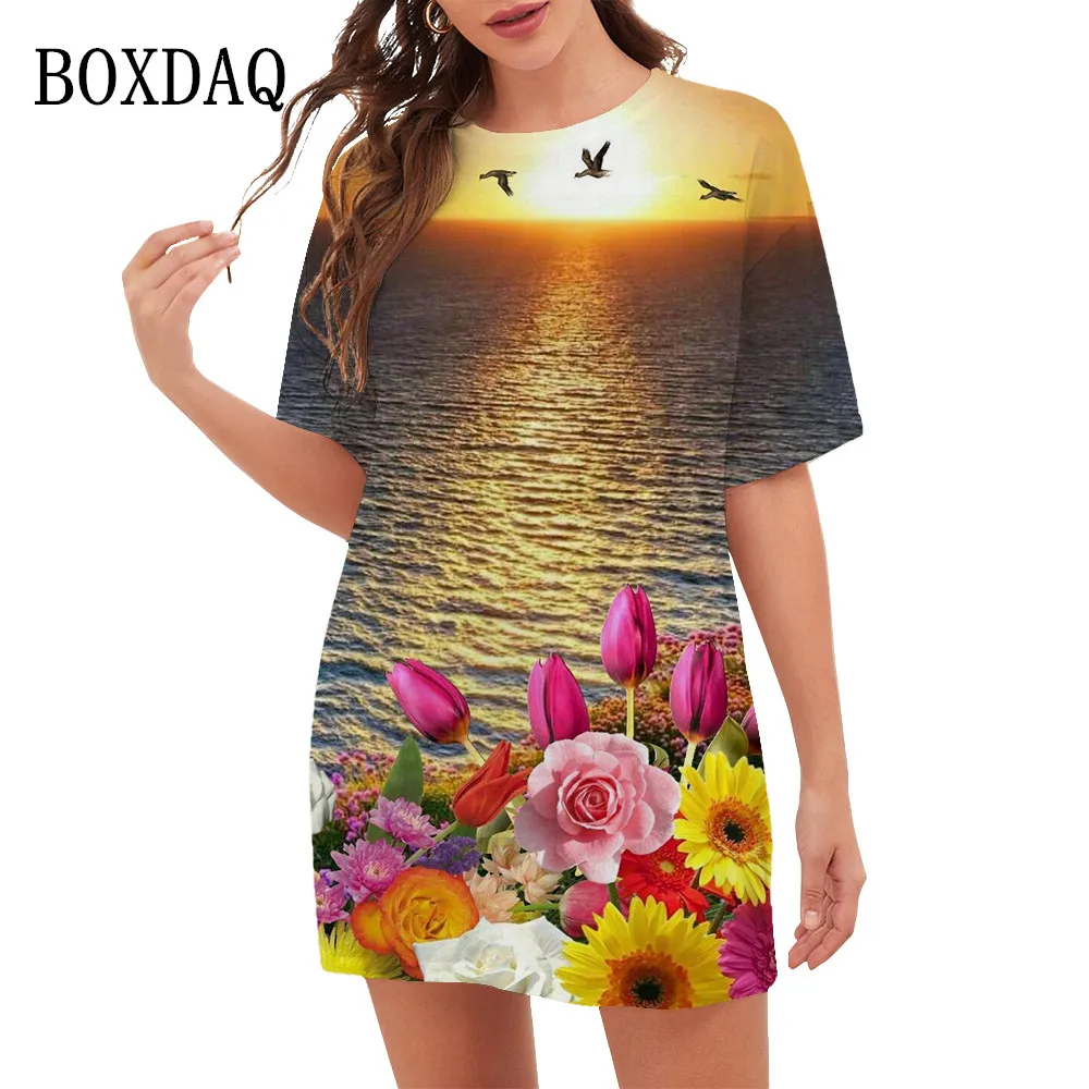 

2023 New Summer Dresses Women Fashion Bird Scenery Flower Print Short Sleeve Dress Oversized Casual Beach Style Loose Mini Dress