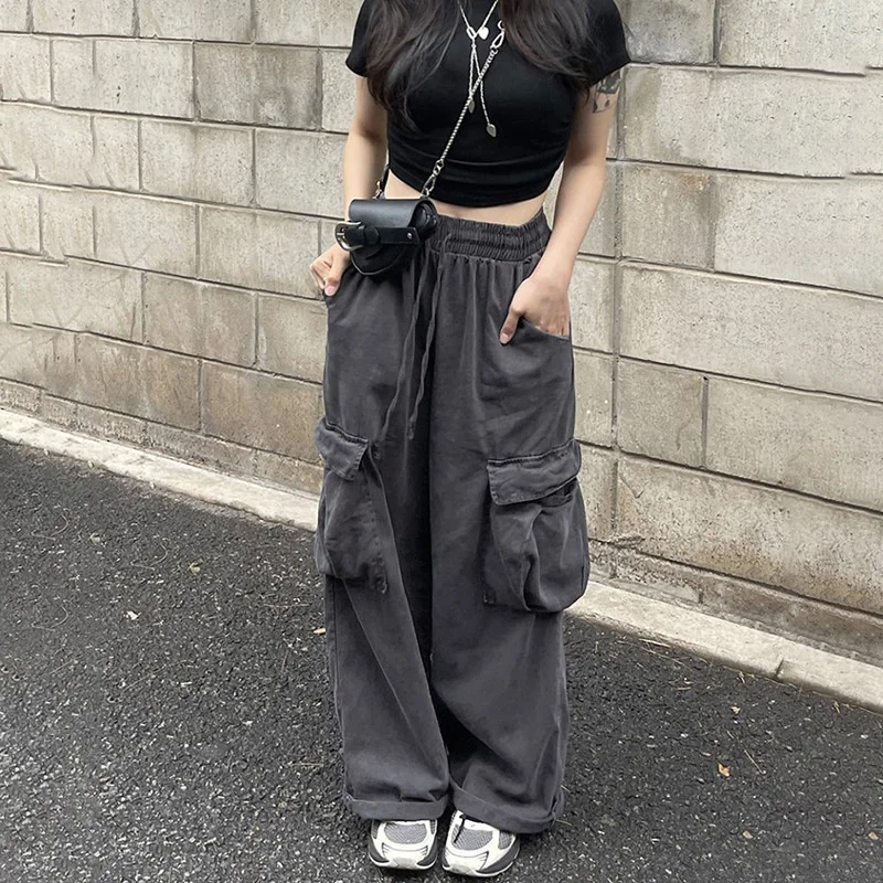 Harajuku Style Solid Color Basic Overalls Y2k Street Fashion Cuffed Large Pocket Loose Wide Leg Jeans Cargo Pants Women