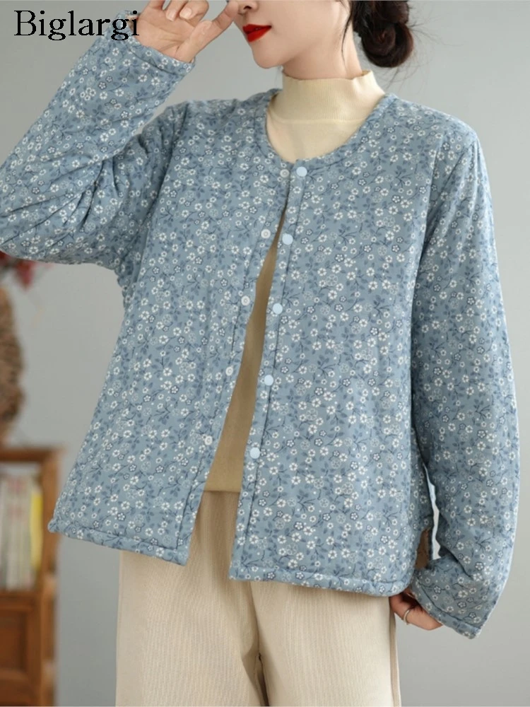 Оверсайз осенне-зимнее стеганое хлопковое пальто с цветочным принтом женское