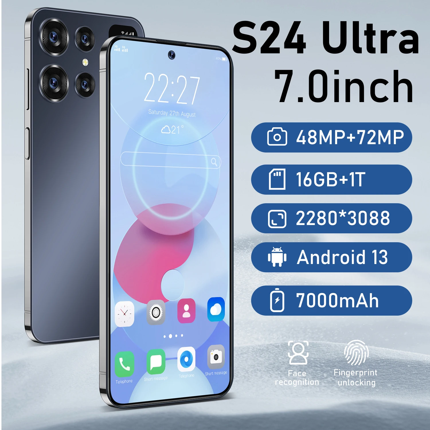 

New Original S24 Ultra 7.0 Inch HD Screen Smartphone Face Unlock 16GB+1TB Celulares 5G Dual Sim Android13 7000mAh 72MP with NFC